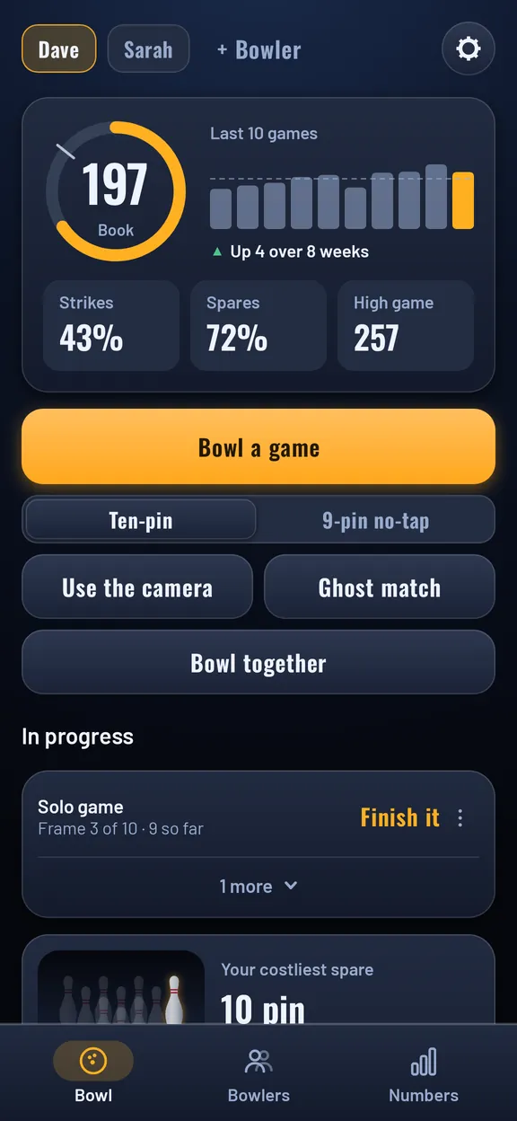BowlMe's Home screen: a 197 average in a ring, the last ten games as bars, up 4 over 8 weeks, with 43% strikes, 72% spares and a 257 high game, over a Bowl a game button.