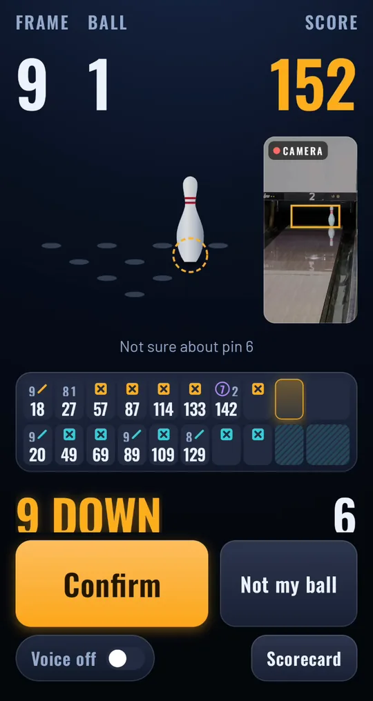 BowlMe's distance view on a real lane: the camera's picture of the pin deck beside the rack, and 9 down with pin 6 standing, offered to confirm.