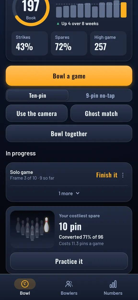Your costliest spare on Home: the 10 pin, converted 71% of 96 times, costing 11.3 pins a game, with a Practice it button.
