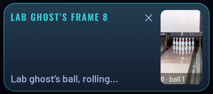Up close: Lab ghost's frame 8, their ball rolling, with their own clip of the full rack playing beside it, frame 8 ball 1.