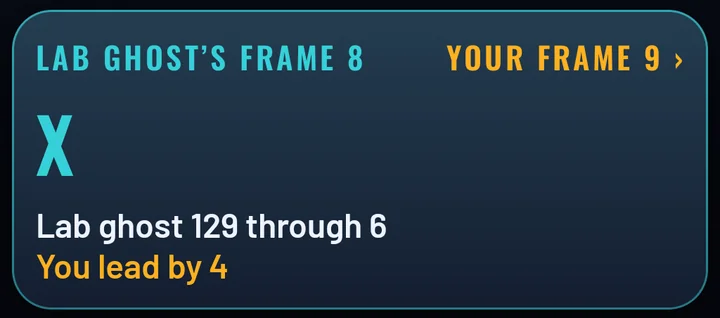 Then the result: Lab ghost's frame 8 is a strike, Lab ghost 129 through 6, you lead by 4, and your frame 9 is next.