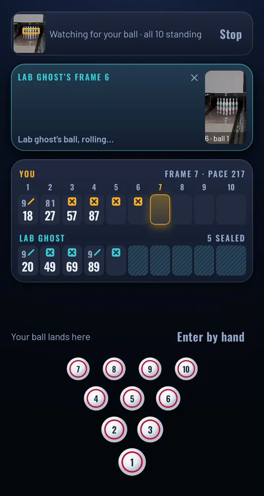 The opponent's ball, rolling: their real clip of the pin deck plays in the frame's card.