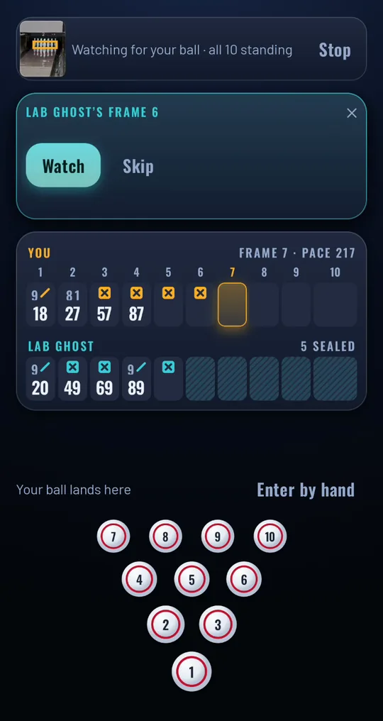 A match in BowlMe: Lab ghost's frame 6 has arrived, with Watch and Skip, above both scorecards.